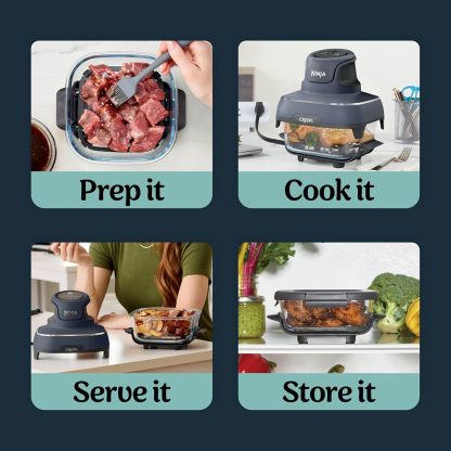 nthtinja Crispi 4-in-1 Portable Glass Air Fryer Cooking System, 1500W, 4QT & 6-Cup TempWare Glass Containers with Storage Lids, Microwave, Freezer & Dishwasher Safe, Cyberspace Gray, FN101GY