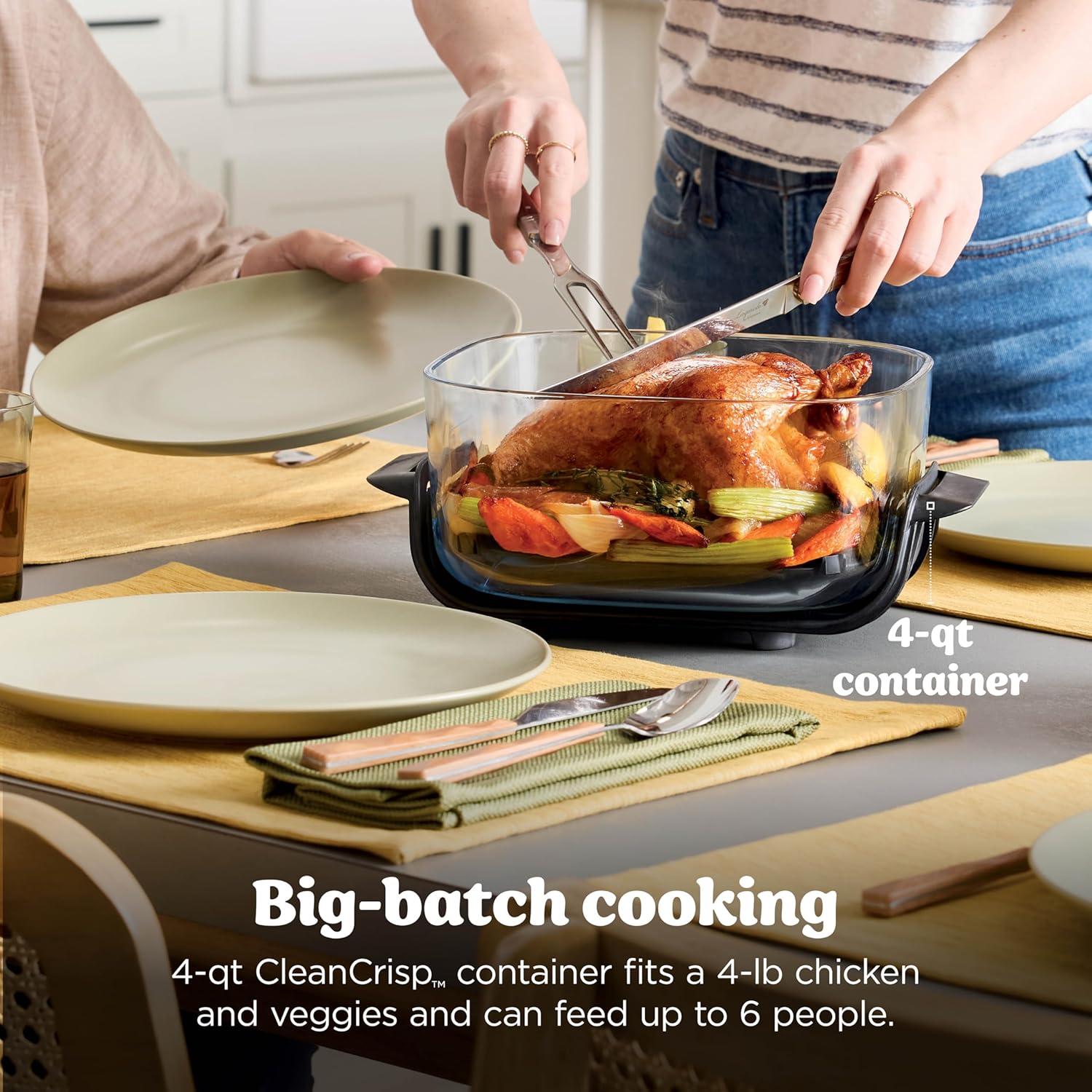 nthtinja Crispi 4-in-1 Portable Glass Air Fryer Cooking System, 1500W, 4QT & 6-Cup TempWare Glass Containers with Storage Lids, Microwave, Freezer & Dishwasher Safe, Cyberspace Gray, FN101GY