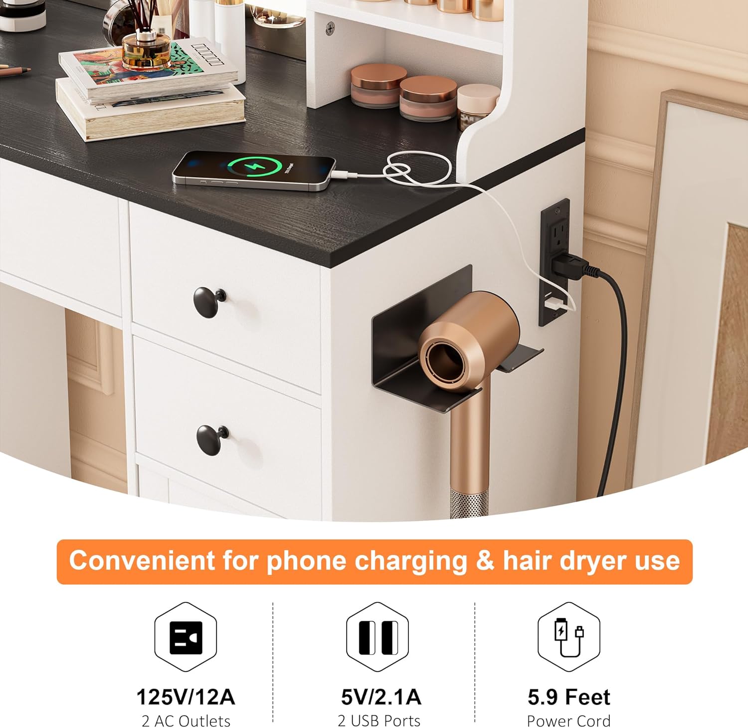 KAMABOKO 3 in 1 Vanity Desk with Mirror and LED Lights, Tall Makeup Vanity Set, Human Sensor Led Light, Charging Station & Chair, Strong Storage, Multi-Function, for Bedroom (Black)