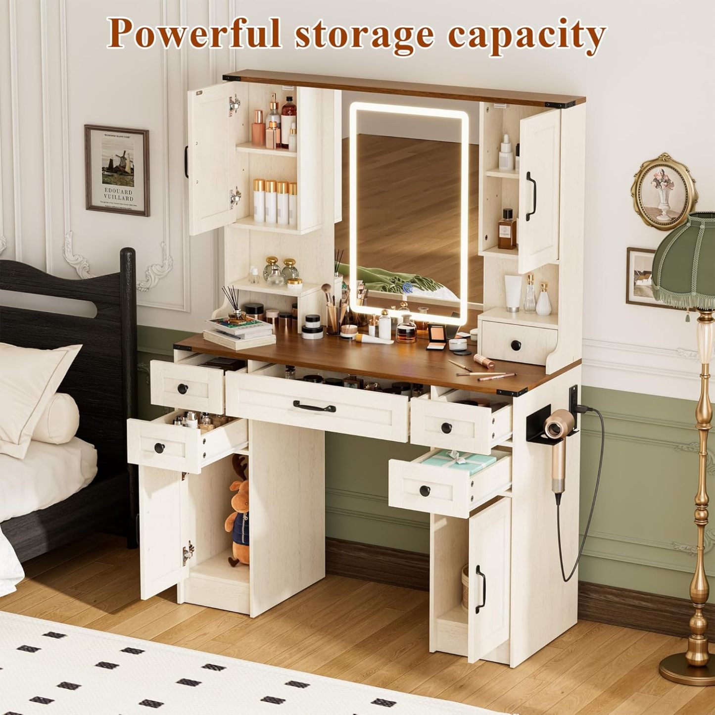 KAMABOKO 3 in 1 Vanity Desk with Mirror and LED Lights, Tall Makeup Vanity Set, Human Sensor Led Light, Charging Station & Chair, Strong Storage, Multi-Function, for Bedroom (Black)