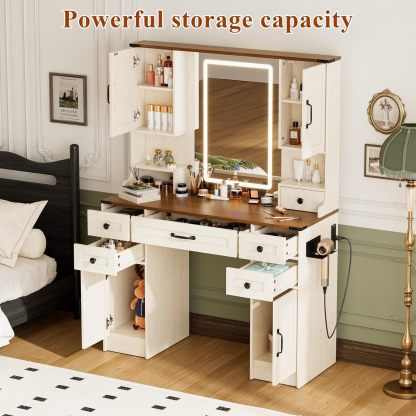 KAMABOKO 3 in 1 Vanity Desk with Mirror and LED Lights, Tall Makeup Vanity Set, Human Sensor Led Light, Charging Station & Chair, Strong Storage, Multi-Function, for Bedroom (Black)