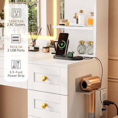 KAMABOKO 3 in 1 Vanity Desk with Mirror and LED Lights, Tall Makeup Vanity Set, Human Sensor Led Light, Charging Station & Chair, Strong Storage, Multi-Function, for Bedroom (Black)