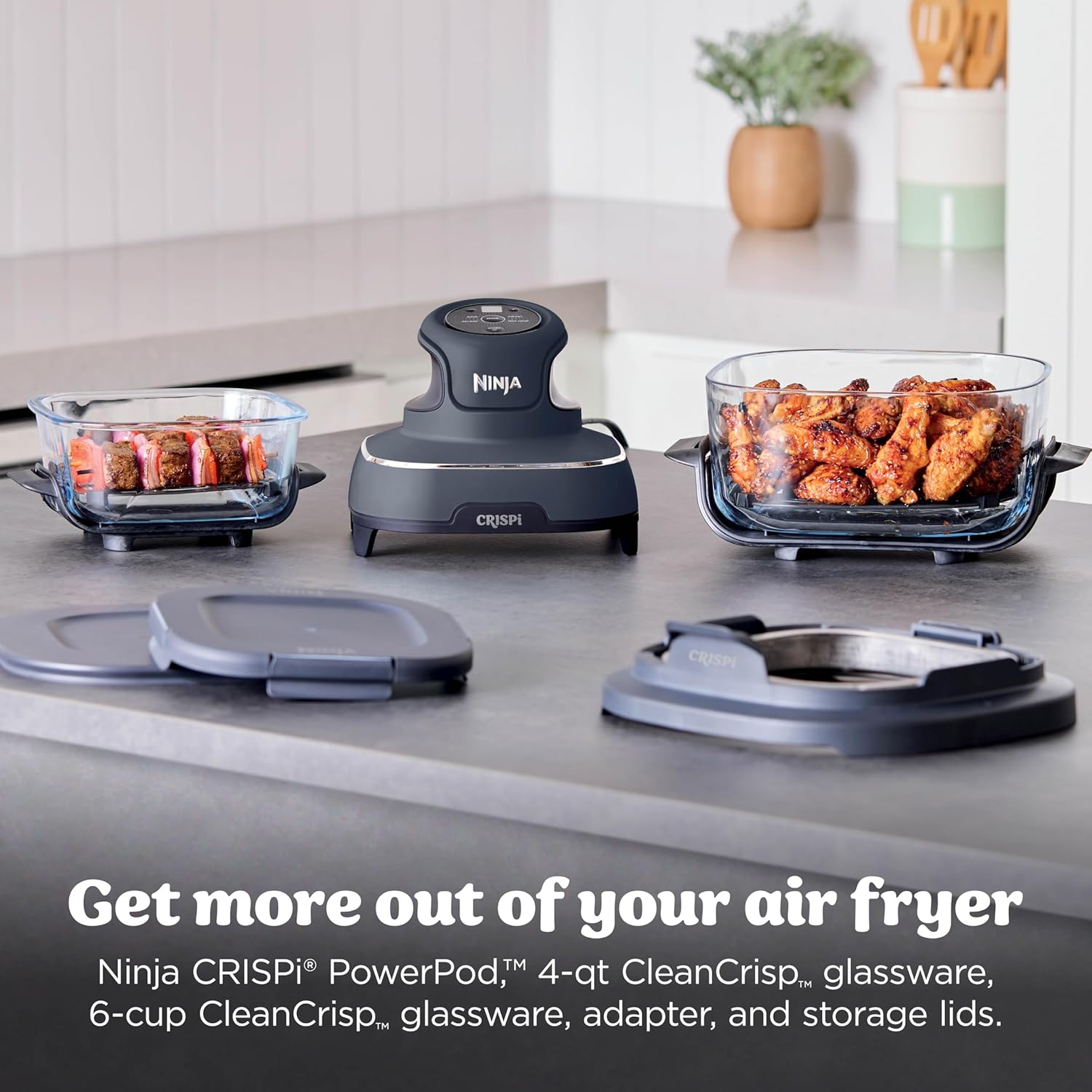 nthtinja Crispi 4-in-1 Portable Glass Air Fryer Cooking System, 1500W, 4QT & 6-Cup TempWare Glass Containers with Storage Lids, Microwave, Freezer & Dishwasher Safe, Cyberspace Gray, FN101GY