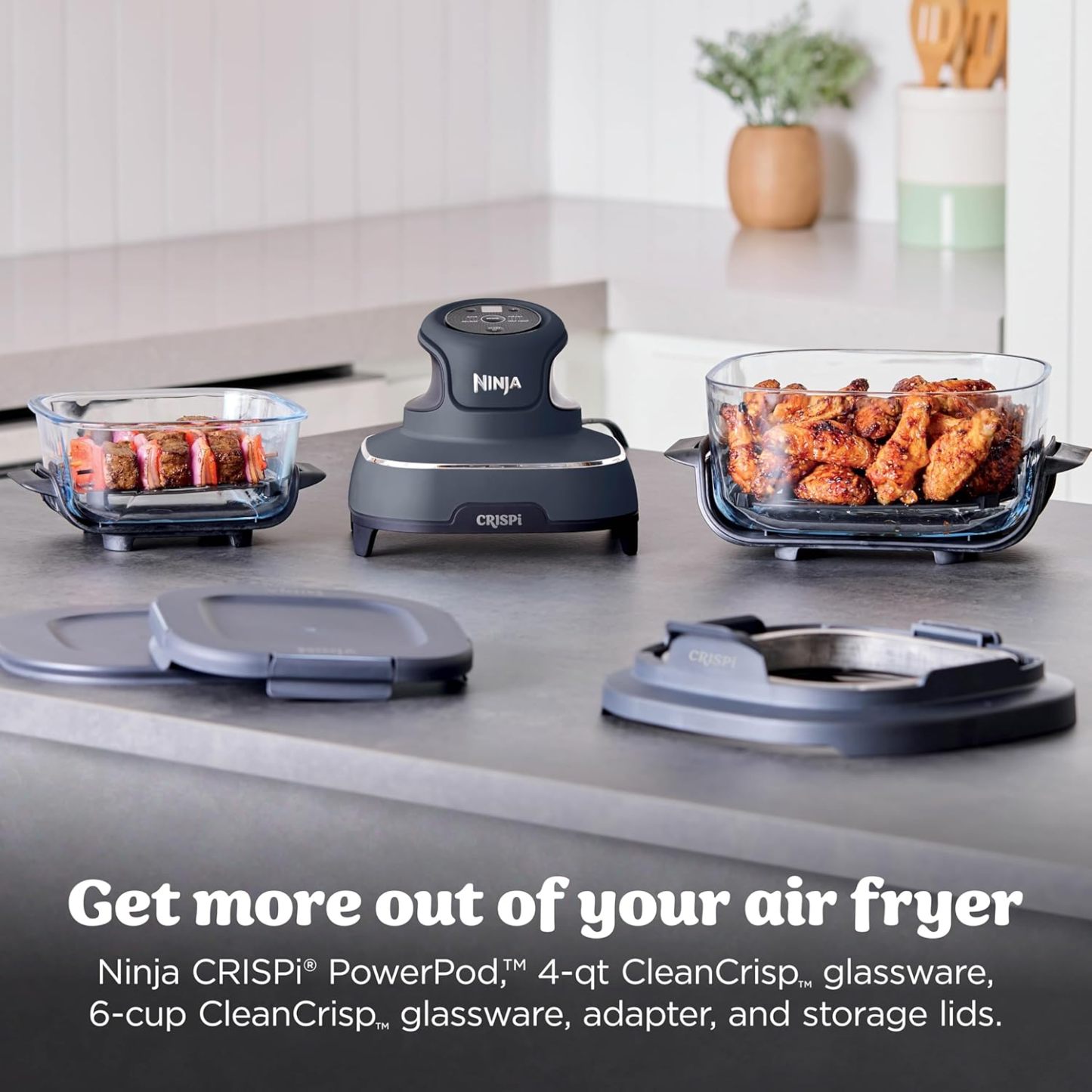 nthtinja Crispi 4-in-1 Portable Glass Air Fryer Cooking System, 1500W, 4QT & 6-Cup TempWare Glass Containers with Storage Lids, Microwave, Freezer & Dishwasher Safe, Cyberspace Gray, FN101GY