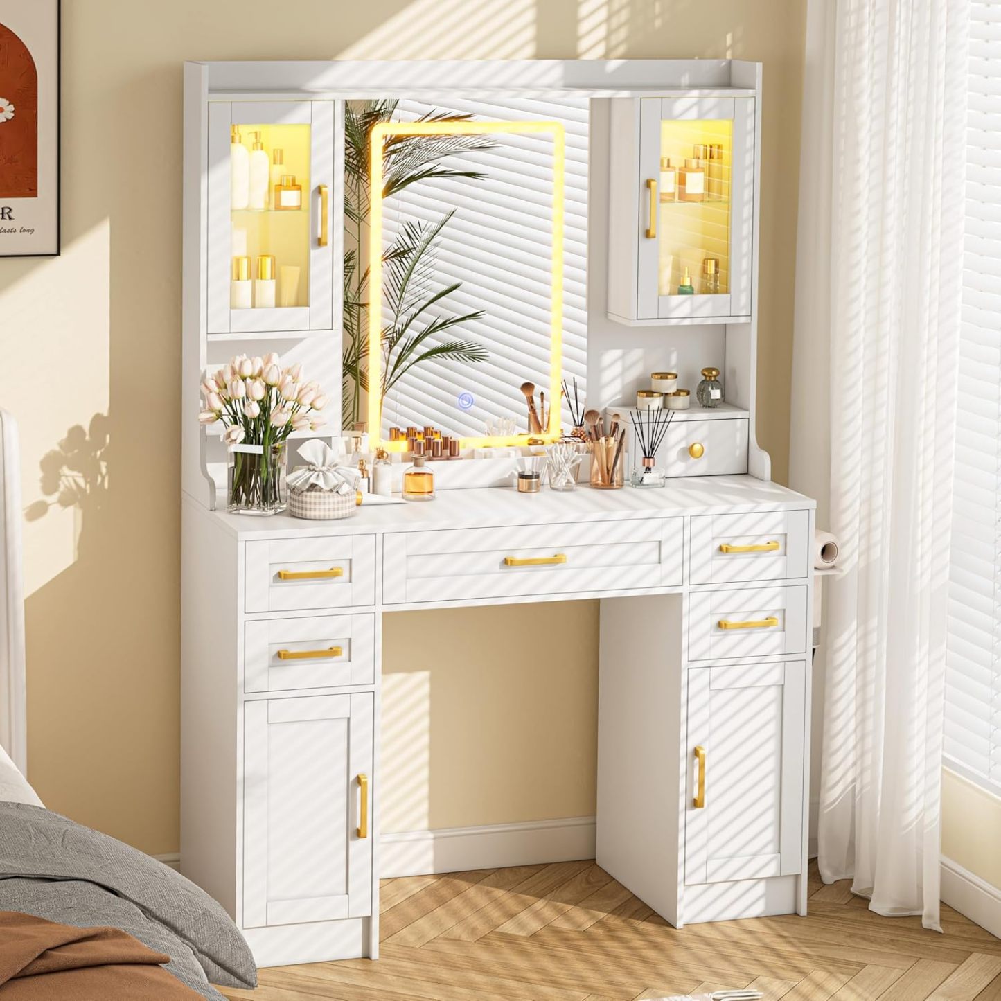 KAMABOKO 3 in 1 Vanity Desk with Mirror and LED Lights, Tall Makeup Vanity Set, Human Sensor Led Light, Charging Station & Chair, Strong Storage, Multi-Function, for Bedroom (Black)