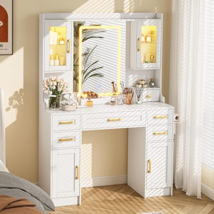 KAMABOKO 3 in 1 Vanity Desk with Mirror and LED Lights, Tall Makeup Vanity Set, Human Sensor Led Light, Charging Station & Chair, Strong Storage, Multi-Function, for Bedroom (Black)