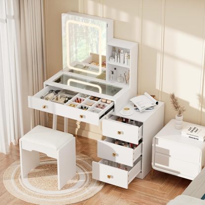 KAMABOKO 3 in 1 Vanity Desk with Mirror and LED Lights, Tall Makeup Vanity Set, Human Sensor Led Light, Charging Station & Chair, Strong Storage, Multi-Function, for Bedroom (Black)