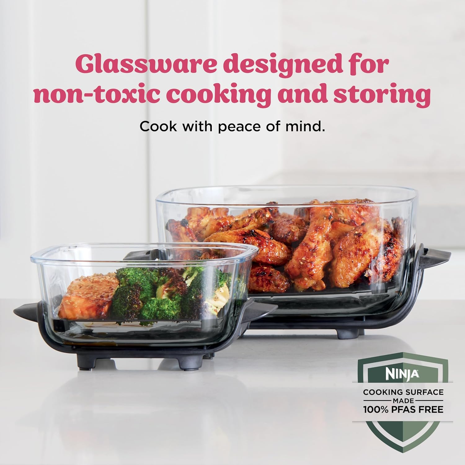 nthtinja Crispi 4-in-1 Portable Glass Air Fryer Cooking System, 1500W, 4QT & 6-Cup TempWare Glass Containers with Storage Lids, Microwave, Freezer & Dishwasher Safe, Cyberspace Gray, FN101GY