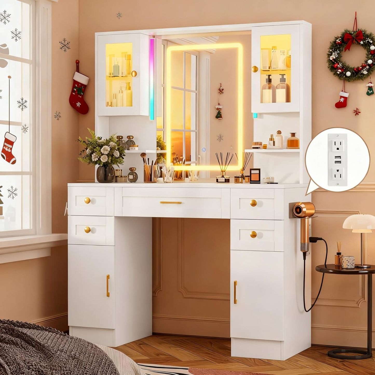KAMABOKO 3 in 1 Vanity Desk with Mirror and LED Lights, Tall Makeup Va