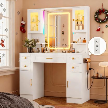 KAMABOKO 3 in 1 Vanity Desk with Mirror and LED Lights, Tall Makeup Vanity Set, Human Sensor Led Light, Charging Station & Chair, Strong Storage, Multi-Function, for Bedroom (Black)