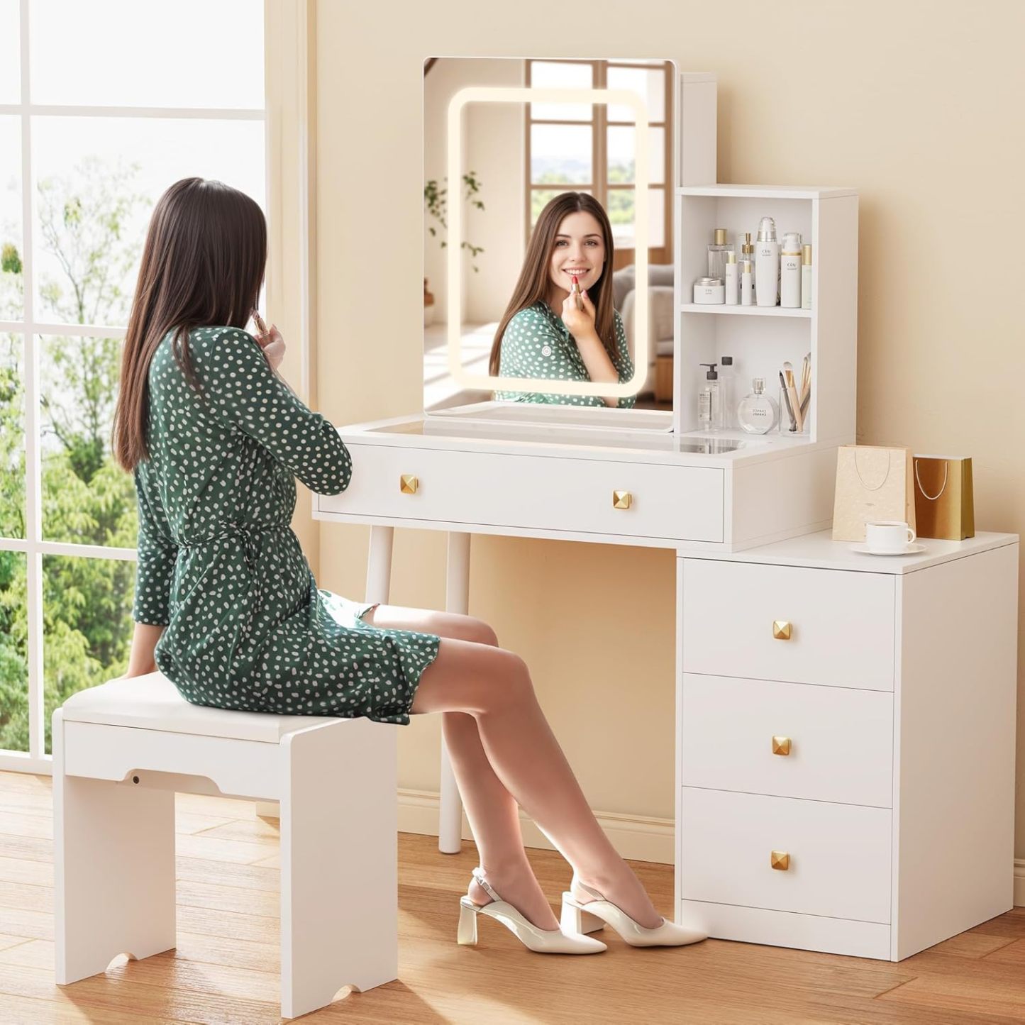 KAMABOKO 3 in 1 Vanity Desk with Mirror and LED Lights, Tall Makeup Vanity Set, Human Sensor Led Light, Charging Station & Chair, Strong Storage, Multi-Function, for Bedroom (Black)