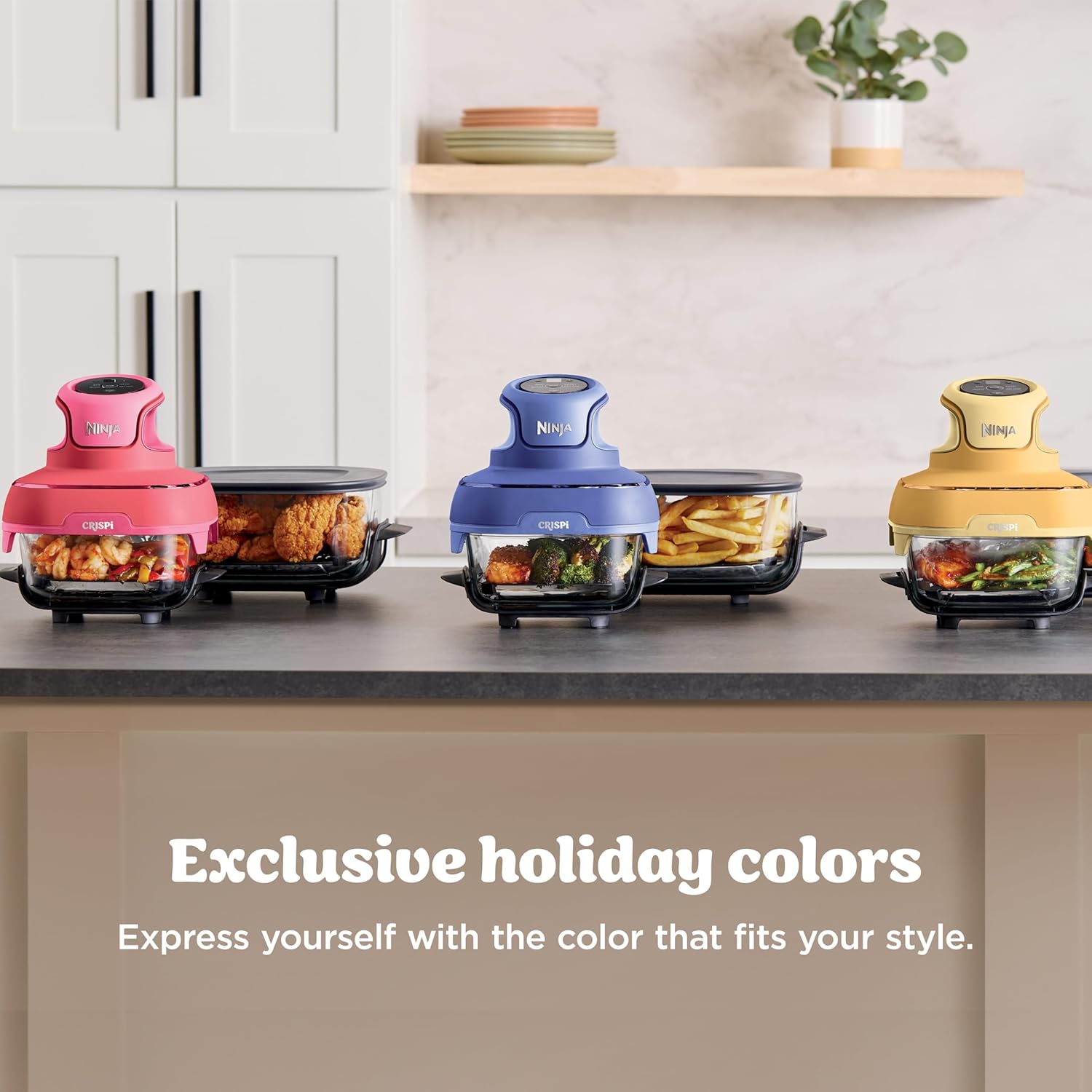 nthtinja Crispi 4-in-1 Portable Glass Air Fryer Cooking System, 1500W, 4QT & 6-Cup TempWare Glass Containers with Storage Lids, Microwave, Freezer & Dishwasher Safe, Cyberspace Gray, FN101GY