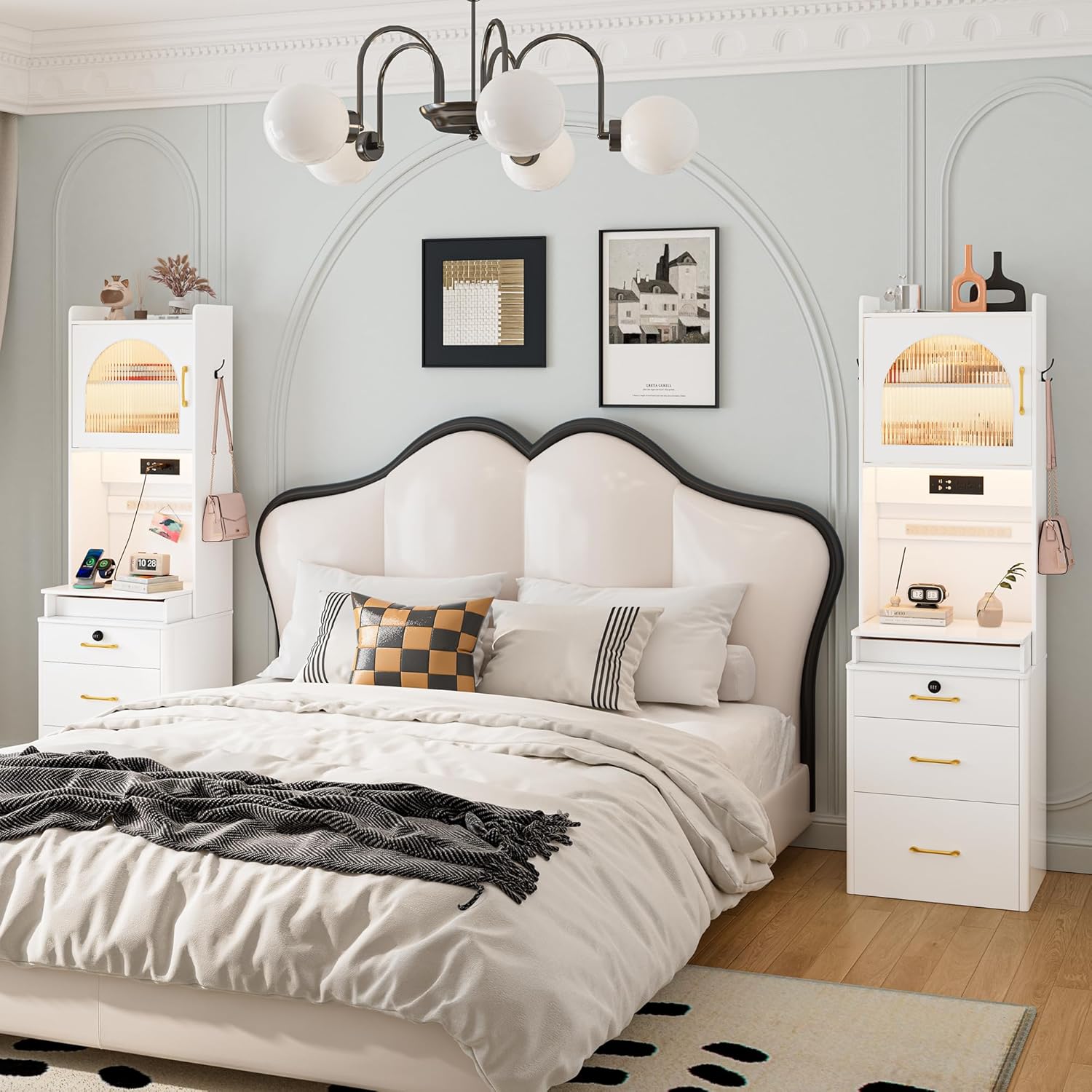 KAMABOKO 3 in 1 Vanity Desk with Mirror and LED Lights, Tall Makeup Vanity Set, Human Sensor Led Light, Charging Station & Chair, Strong Storage, Multi-Function, for Bedroom (Black)