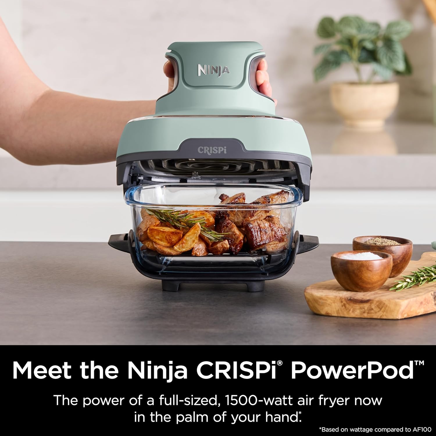 nthtinja Crispi 4-in-1 Portable Glass Air Fryer Cooking System, 1500W, 4QT & 6-Cup TempWare Glass Containers with Storage Lids, Microwave, Freezer & Dishwasher Safe, Cyberspace Gray, FN101GY