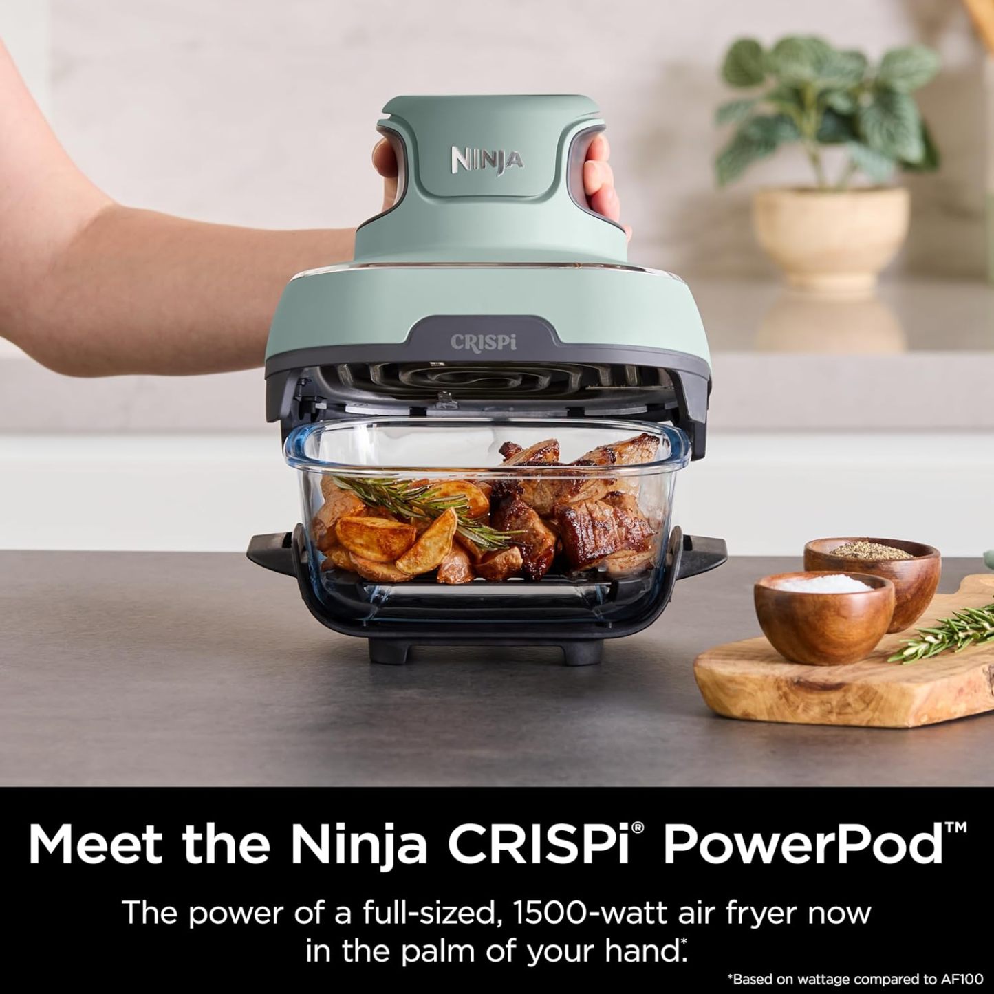 nthtinja Crispi 4-in-1 Portable Glass Air Fryer Cooking System, 1500W, 4QT & 6-Cup TempWare Glass Containers with Storage Lids, Microwave, Freezer & Dishwasher Safe, Cyberspace Gray, FN101GY