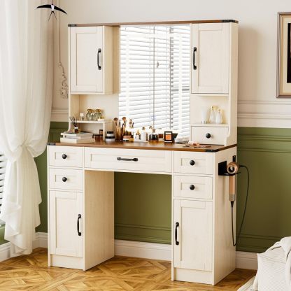 KAMABOKO 3 in 1 Vanity Desk with Mirror and LED Lights, Tall Makeup Vanity Set, Human Sensor Led Light, Charging Station & Chair, Strong Storage, Multi-Function, for Bedroom (Black)