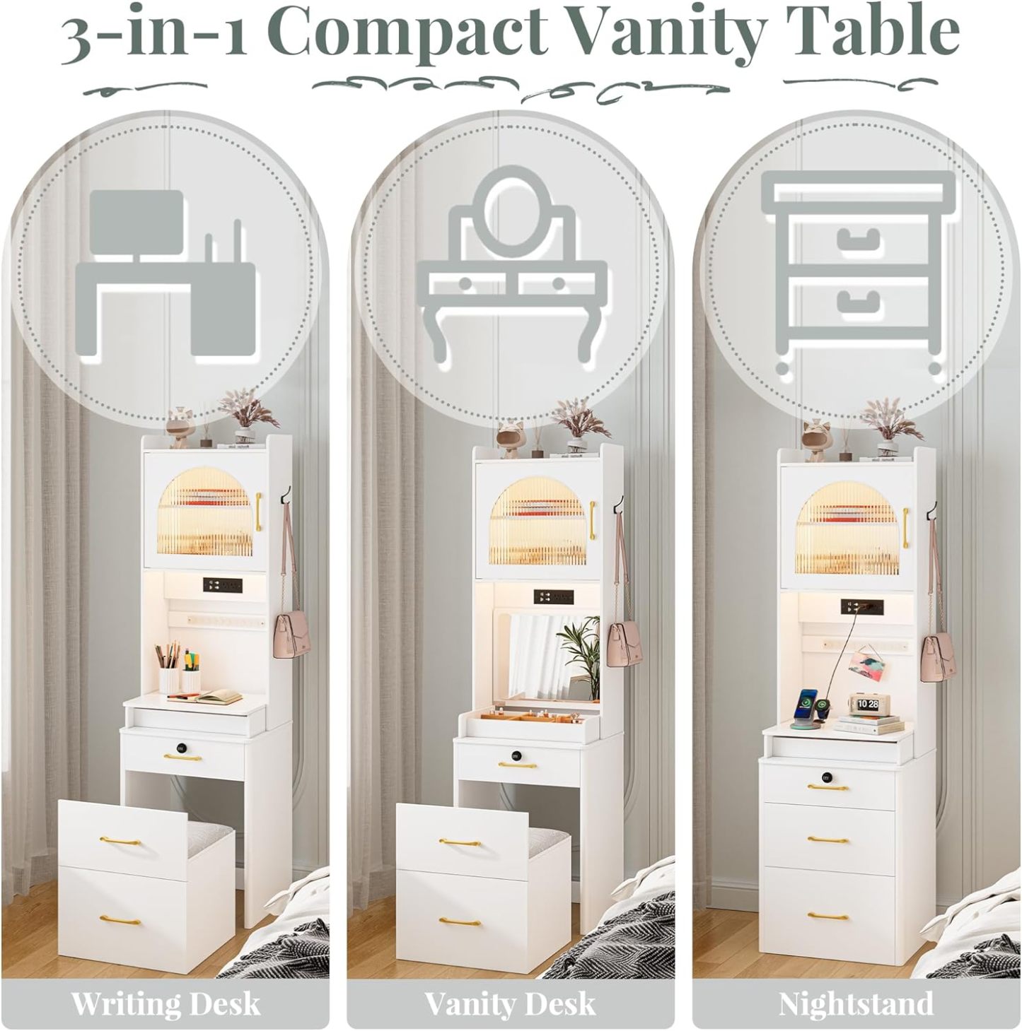 KAMABOKO 3 in 1 Vanity Desk with Mirror and LED Lights, Tall Makeup Vanity Set, Human Sensor Led Light, Charging Station & Chair, Strong Storage, Multi-Function, for Bedroom (Black)