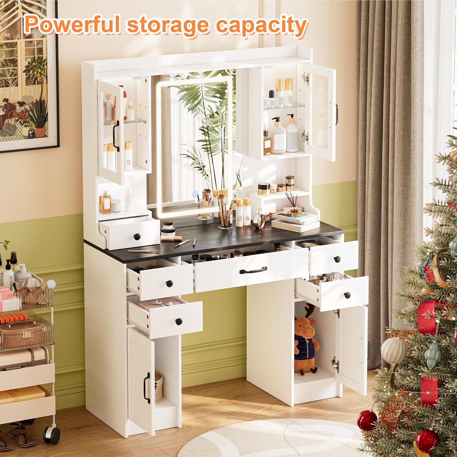 KAMABOKO 3 in 1 Vanity Desk with Mirror and LED Lights, Tall Makeup Vanity Set, Human Sensor Led Light, Charging Station & Chair, Strong Storage, Multi-Function, for Bedroom (Black)