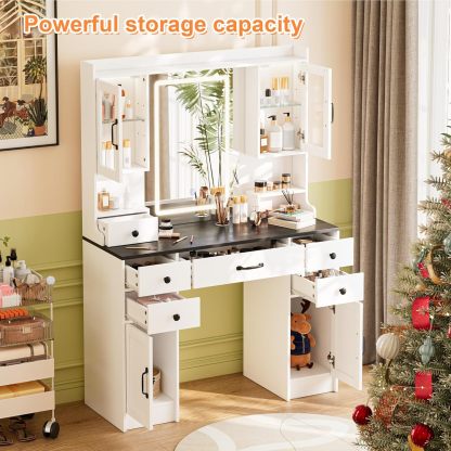 KAMABOKO 3 in 1 Vanity Desk with Mirror and LED Lights, Tall Makeup Vanity Set, Human Sensor Led Light, Charging Station & Chair, Strong Storage, Multi-Function, for Bedroom (Black)