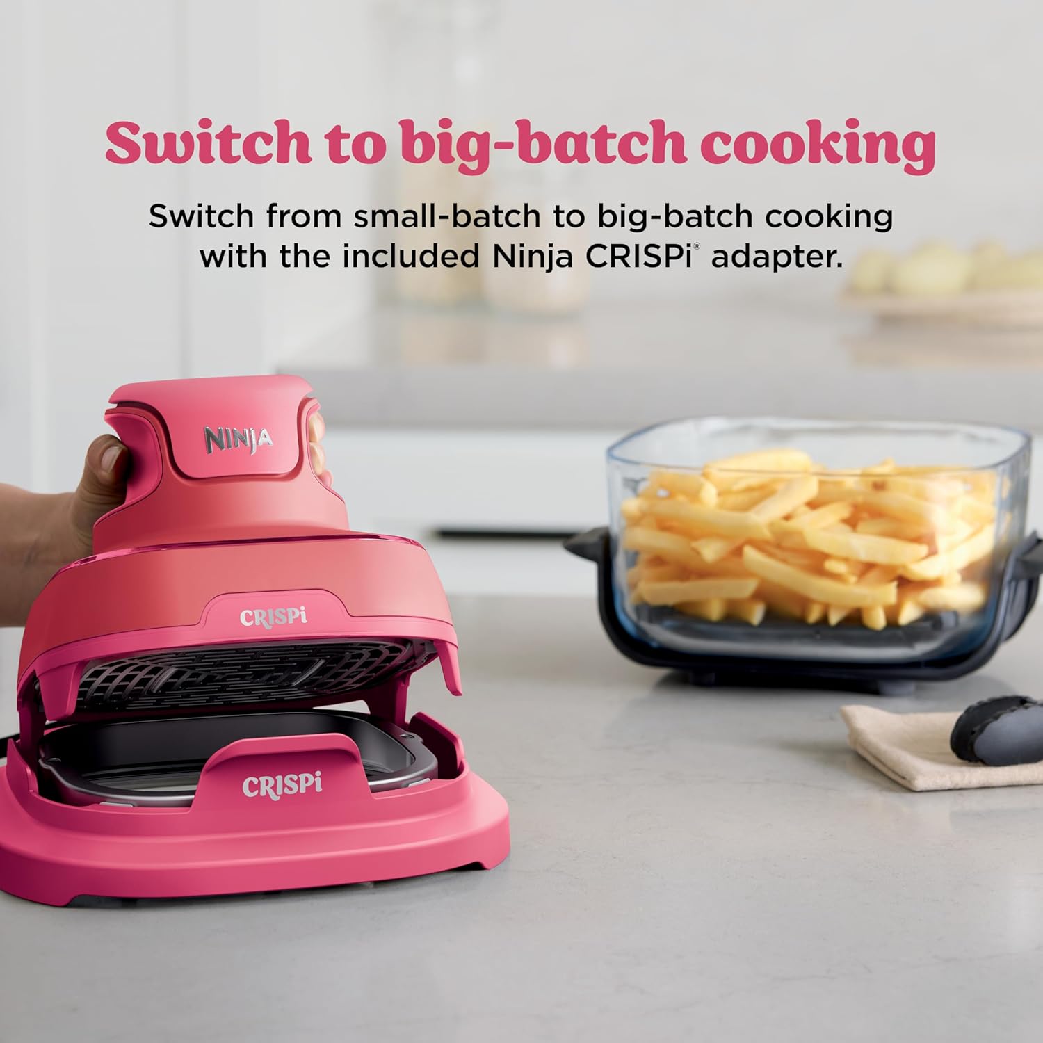 nthtinja Crispi 4-in-1 Portable Glass Air Fryer Cooking System, 1500W, 4QT & 6-Cup TempWare Glass Containers with Storage Lids, Microwave, Freezer & Dishwasher Safe, Cyberspace Gray, FN101GY