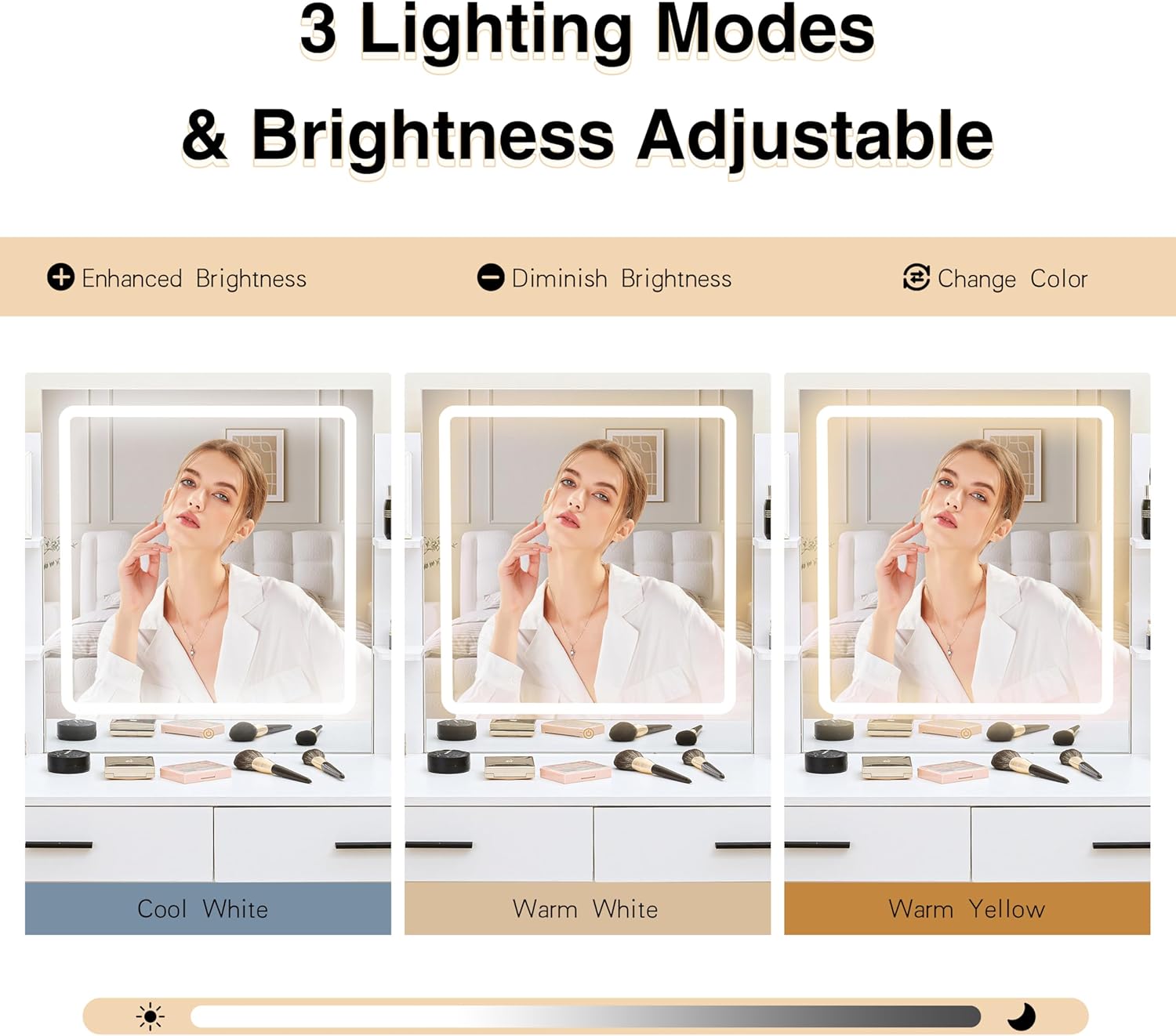 KAMABOKO 3 in 1 Vanity Desk with Mirror and LED Lights, Tall Makeup Vanity Set, Human Sensor Led Light, Charging Station & Chair, Strong Storage, Multi-Function, for Bedroom (Black)