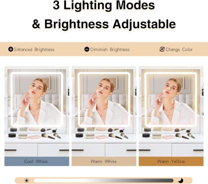 KAMABOKO 3 in 1 Vanity Desk with Mirror and LED Lights, Tall Makeup Vanity Set, Human Sensor Led Light, Charging Station & Chair, Strong Storage, Multi-Function, for Bedroom (Black)