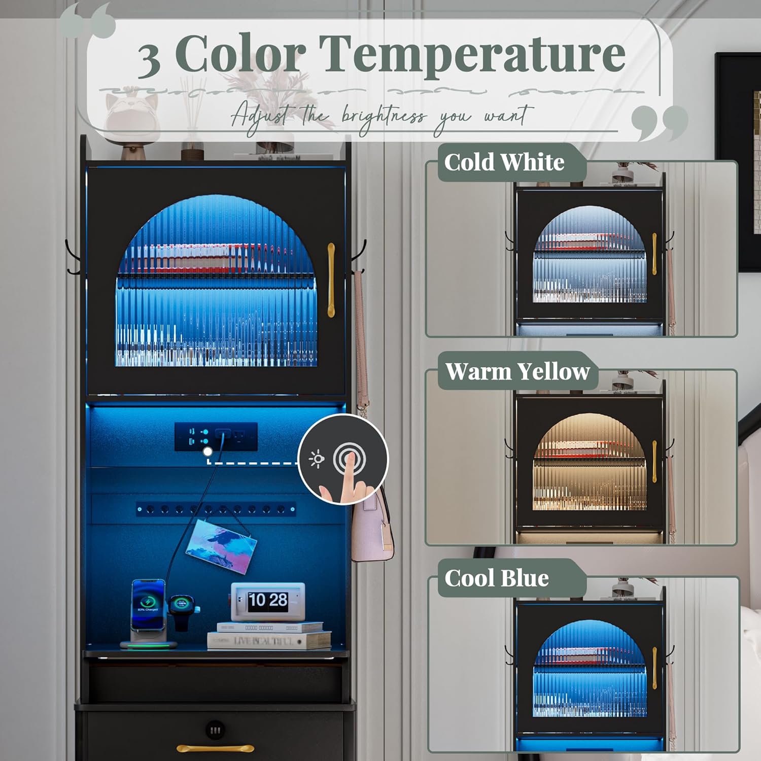 KAMABOKO 3 in 1 Vanity Desk with Mirror and LED Lights, Tall Makeup Vanity Set, Human Sensor Led Light, Charging Station & Chair, Strong Storage, Multi-Function, for Bedroom (Black)