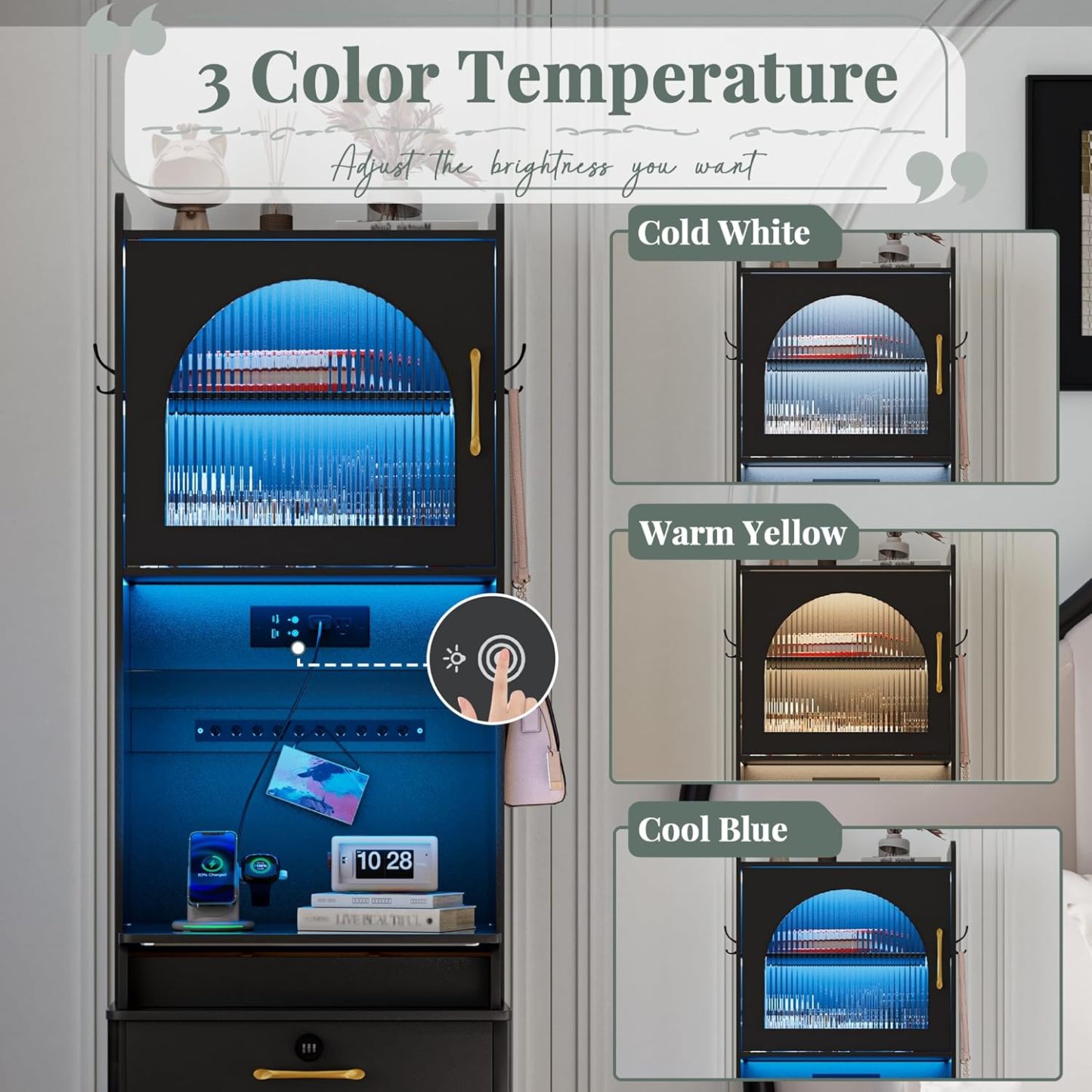 KAMABOKO 3 in 1 Vanity Desk with Mirror and LED Lights, Tall Makeup Vanity Set, Human Sensor Led Light, Charging Station & Chair, Strong Storage, Multi-Function, for Bedroom (Black)