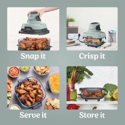 nthtinja Crispi 4-in-1 Portable Glass Air Fryer Cooking System, 1500W, 4QT & 6-Cup TempWare Glass Containers with Storage Lids, Microwave, Freezer & Dishwasher Safe, Cyberspace Gray, FN101GY