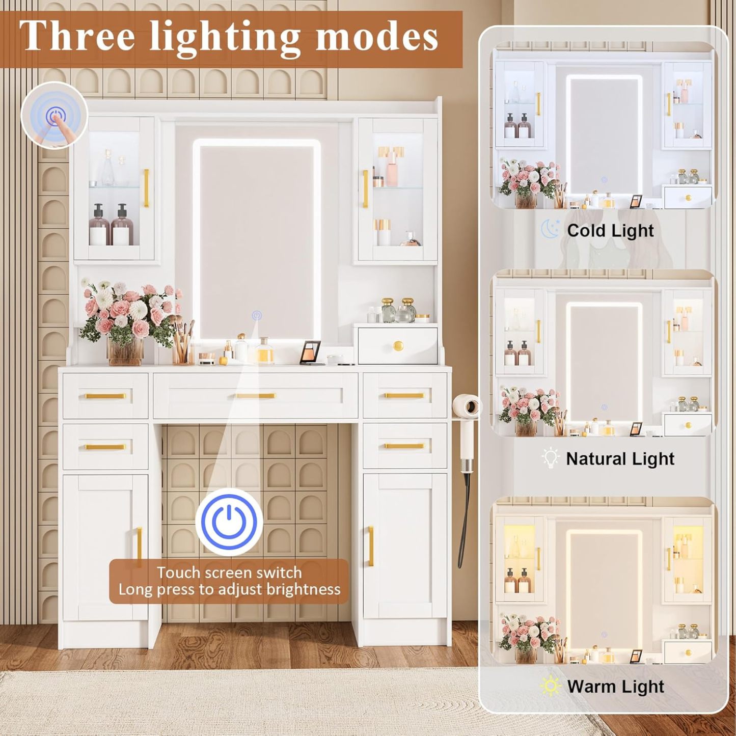 KAMABOKO 3 in 1 Vanity Desk with Mirror and LED Lights, Tall Makeup Vanity Set, Human Sensor Led Light, Charging Station & Chair, Strong Storage, Multi-Function, for Bedroom (Black)