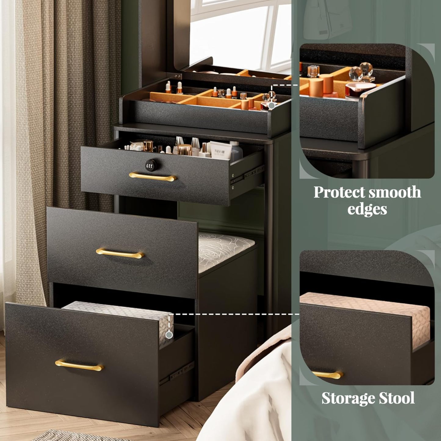 KAMABOKO 3 in 1 Vanity Desk with Mirror and LED Lights, Tall Makeup Vanity Set, Human Sensor Led Light, Charging Station & Chair, Strong Storage, Multi-Function, for Bedroom (Black)