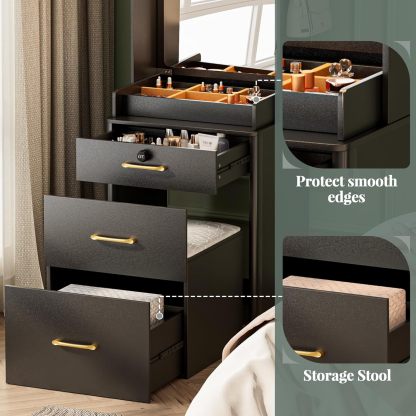 KAMABOKO 3 in 1 Vanity Desk with Mirror and LED Lights, Tall Makeup Vanity Set, Human Sensor Led Light, Charging Station & Chair, Strong Storage, Multi-Function, for Bedroom (Black)