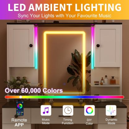 KAMABOKO 3 in 1 Vanity Desk with Mirror and LED Lights, Tall Makeup Vanity Set, Human Sensor Led Light, Charging Station & Chair, Strong Storage, Multi-Function, for Bedroom (Black)