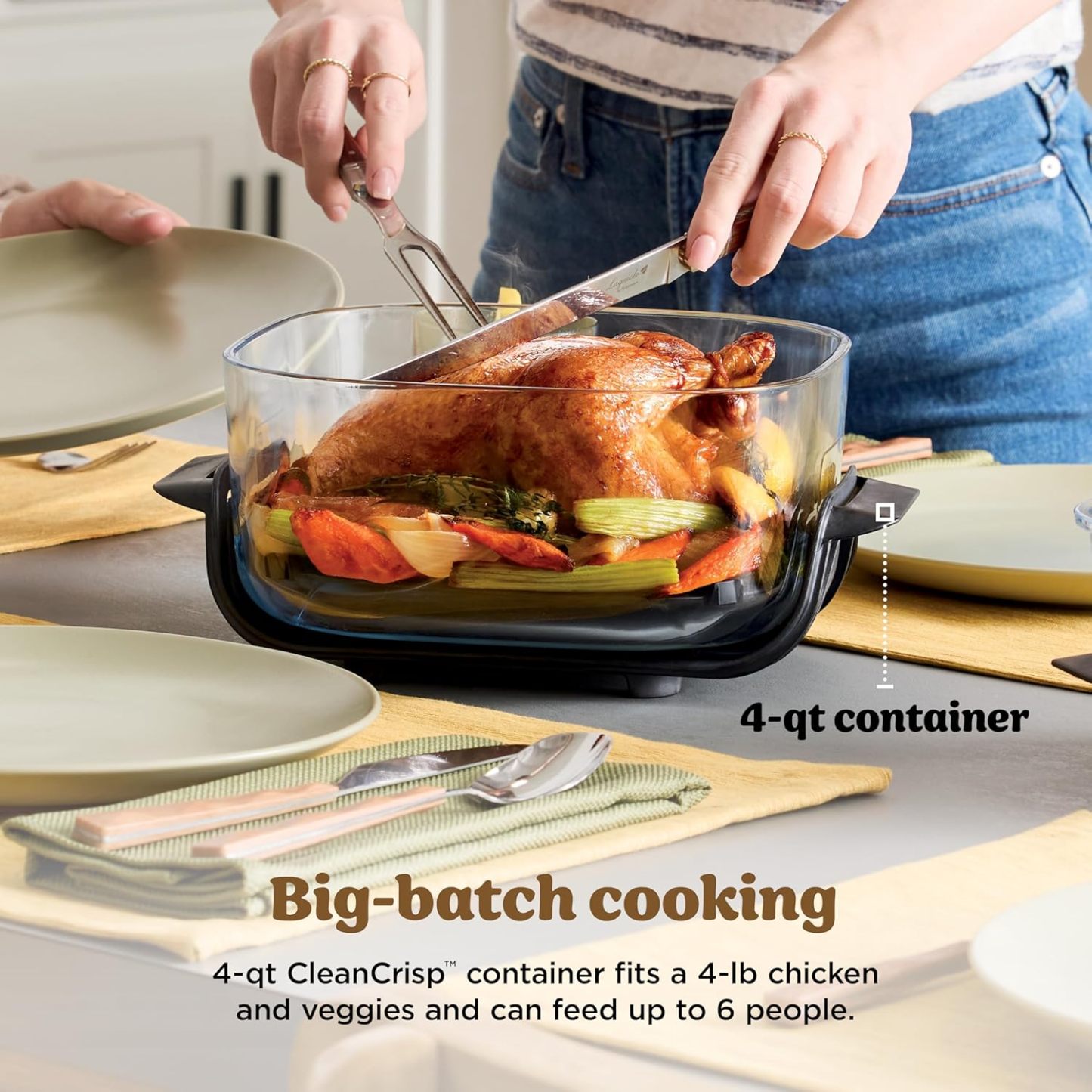 nthtinja Crispi 4-in-1 Portable Glass Air Fryer Cooking System, 1500W, 4QT & 6-Cup TempWare Glass Containers with Storage Lids, Microwave, Freezer & Dishwasher Safe, Cyberspace Gray, FN101GY