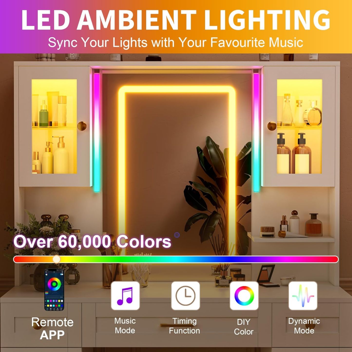 KAMABOKO 3 in 1 Vanity Desk with Mirror and LED Lights, Tall Makeup Vanity Set, Human Sensor Led Light, Charging Station & Chair, Strong Storage, Multi-Function, for Bedroom (Black)