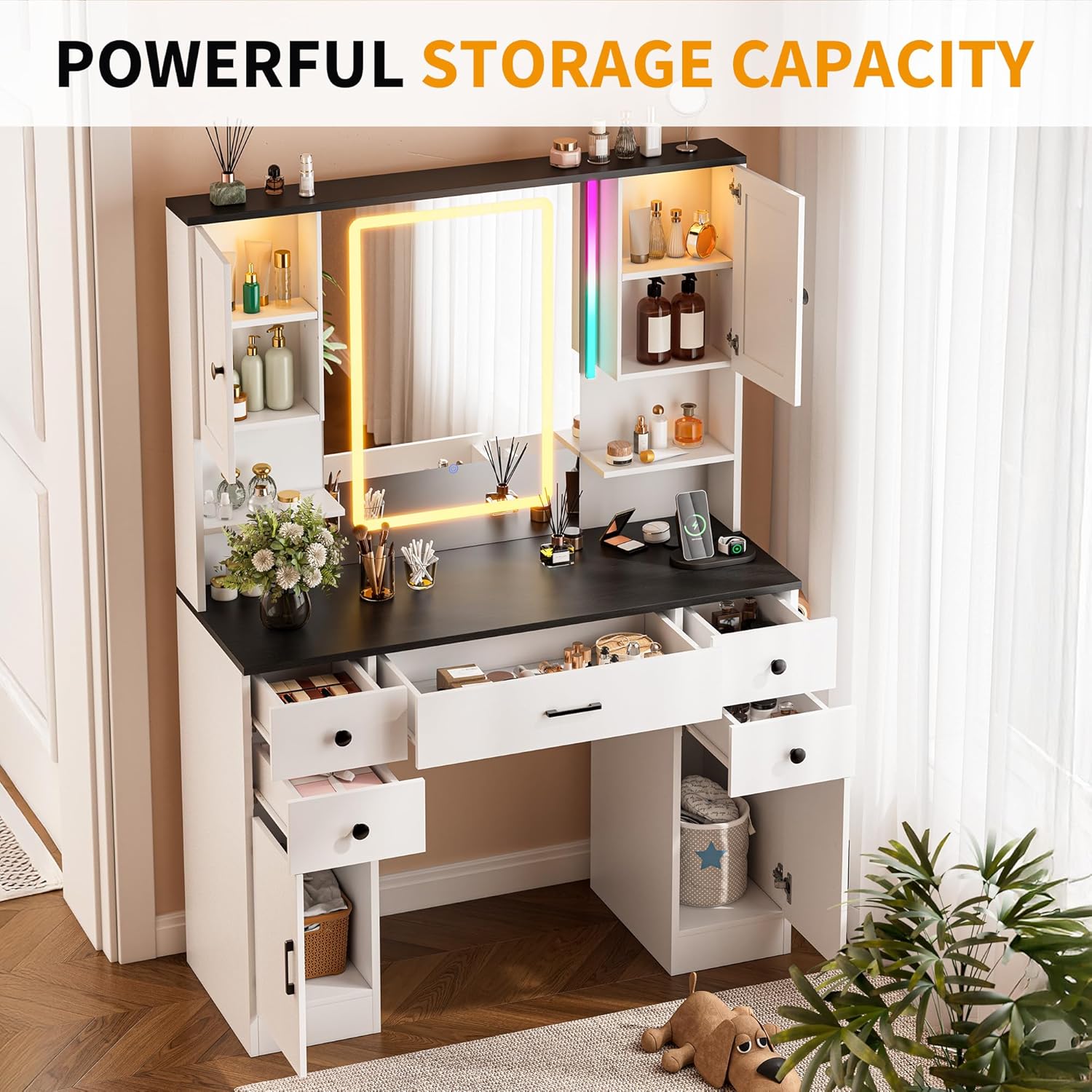 KAMABOKO 3 in 1 Vanity Desk with Mirror and LED Lights, Tall Makeup Vanity Set, Human Sensor Led Light, Charging Station & Chair, Strong Storage, Multi-Function, for Bedroom (Black)