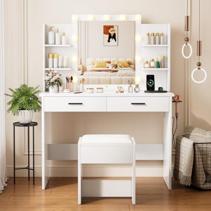 KAMABOKO 3 in 1 Vanity Desk with Mirror and LED Lights, Tall Makeup Vanity Set, Human Sensor Led Light, Charging Station & Chair, Strong Storage, Multi-Function, for Bedroom (Black)