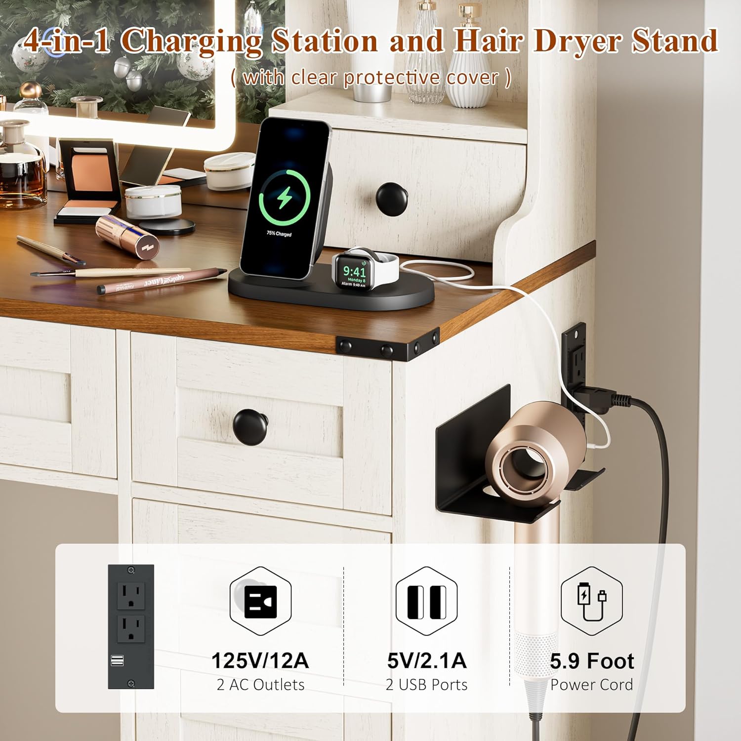 KAMABOKO 3 in 1 Vanity Desk with Mirror and LED Lights, Tall Makeup Vanity Set, Human Sensor Led Light, Charging Station & Chair, Strong Storage, Multi-Function, for Bedroom (Black)