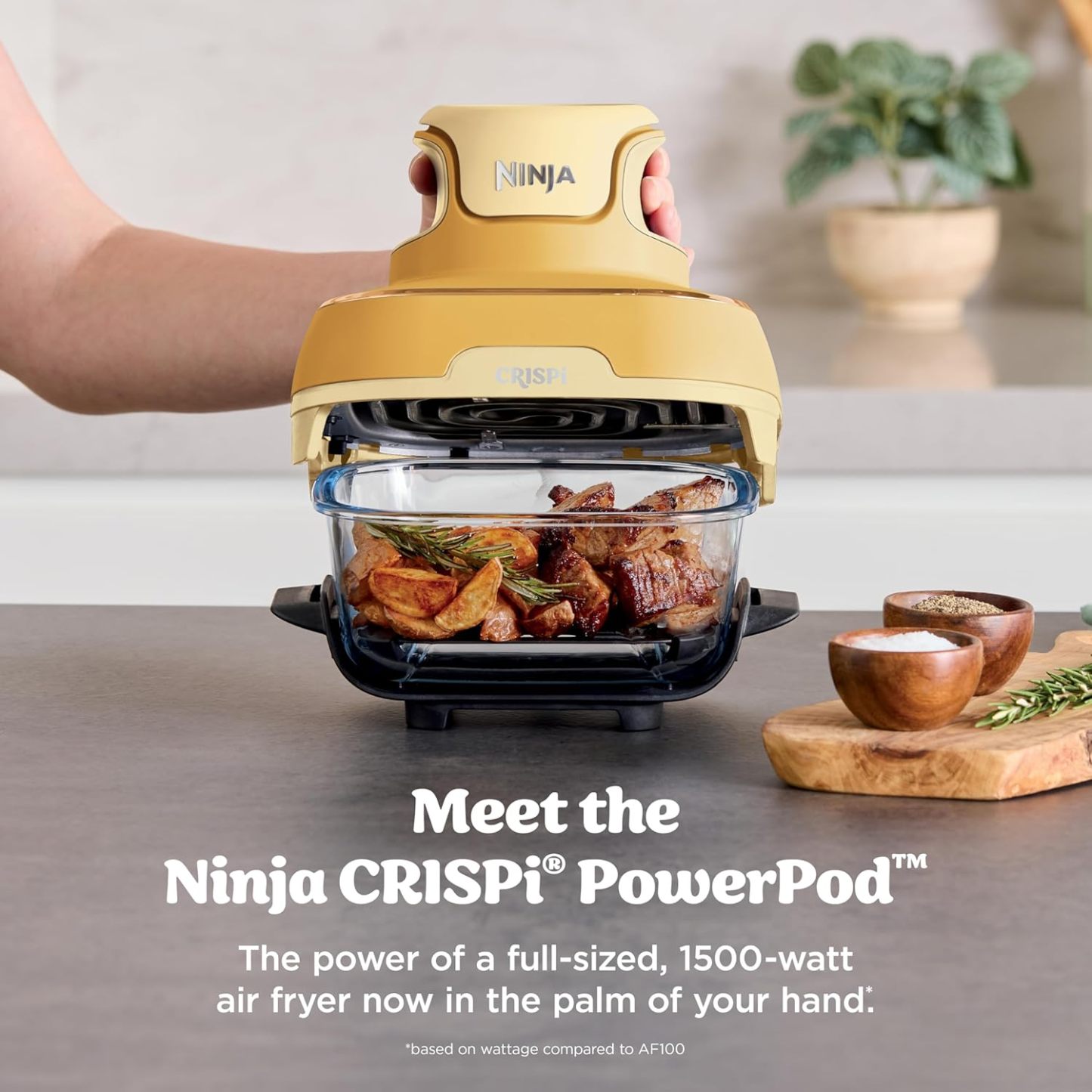 nthtinja Crispi 4-in-1 Portable Glass Air Fryer Cooking System, 1500W, 4QT & 6-Cup TempWare Glass Containers with Storage Lids, Microwave, Freezer & Dishwasher Safe, Cyberspace Gray, FN101GY