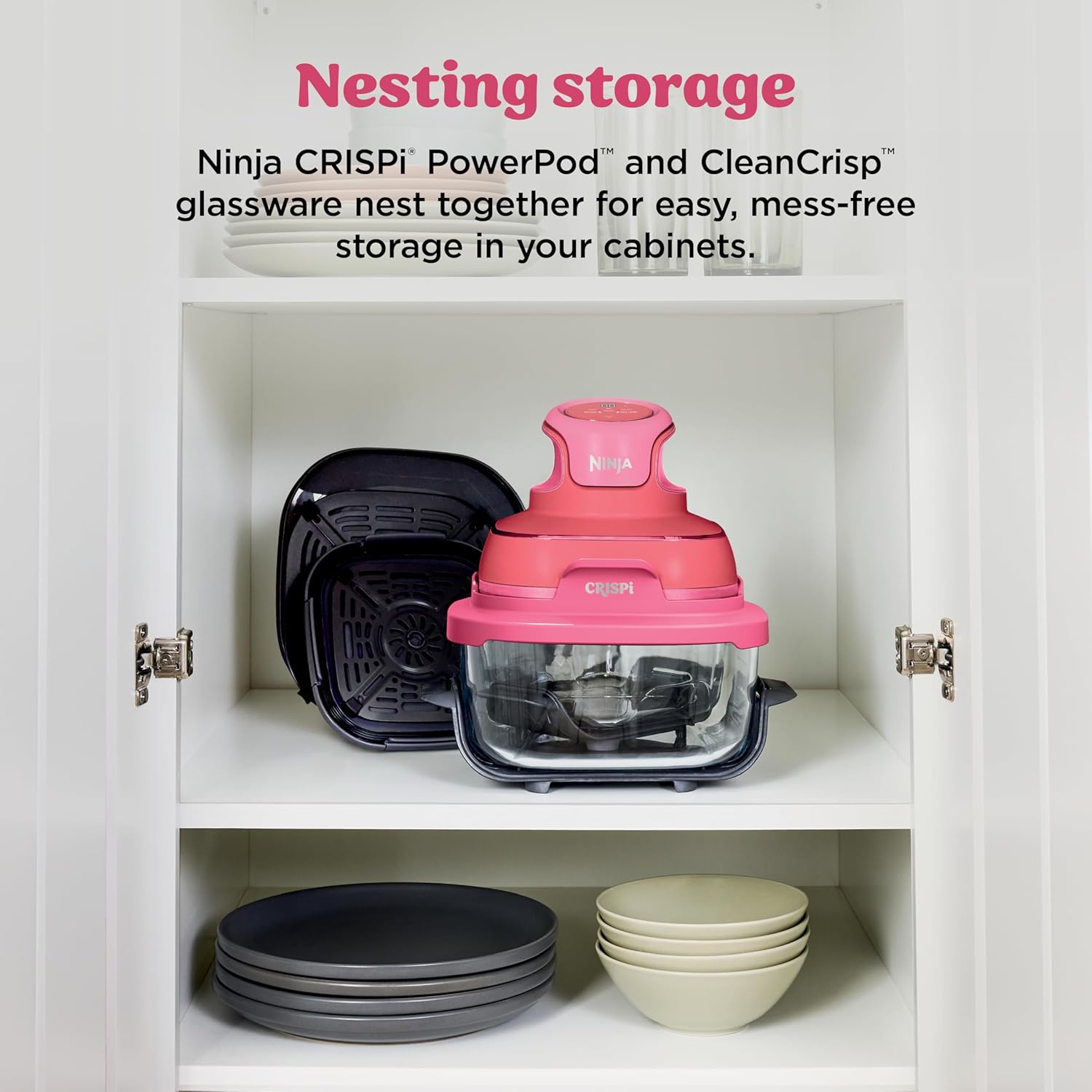 nthtinja Crispi 4-in-1 Portable Glass Air Fryer Cooking System, 1500W, 4QT & 6-Cup TempWare Glass Containers with Storage Lids, Microwave, Freezer & Dishwasher Safe, Cyberspace Gray, FN101GY