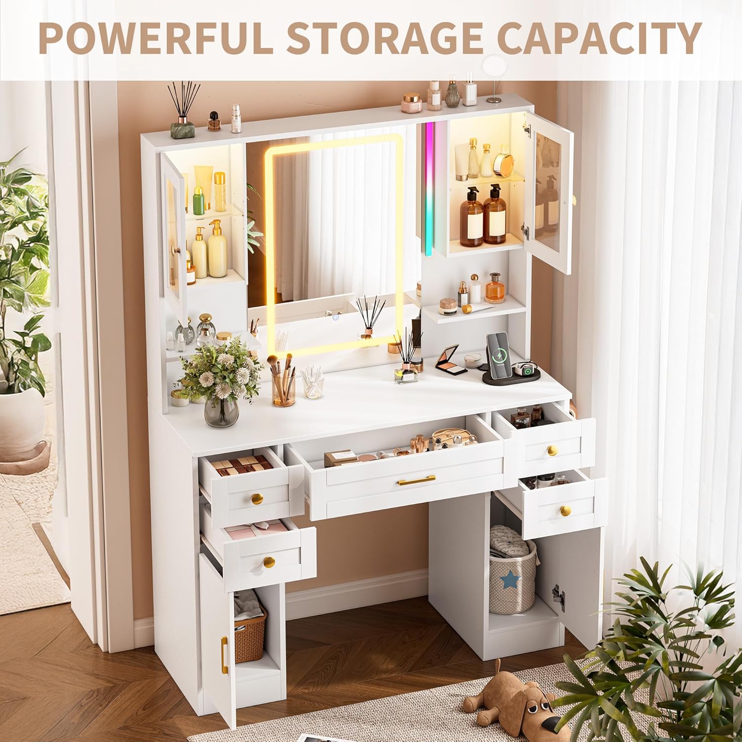 KAMABOKO 3 in 1 Vanity Desk with Mirror and LED Lights, Tall Makeup Vanity Set, Human Sensor Led Light, Charging Station & Chair, Strong Storage, Multi-Function, for Bedroom (Black)