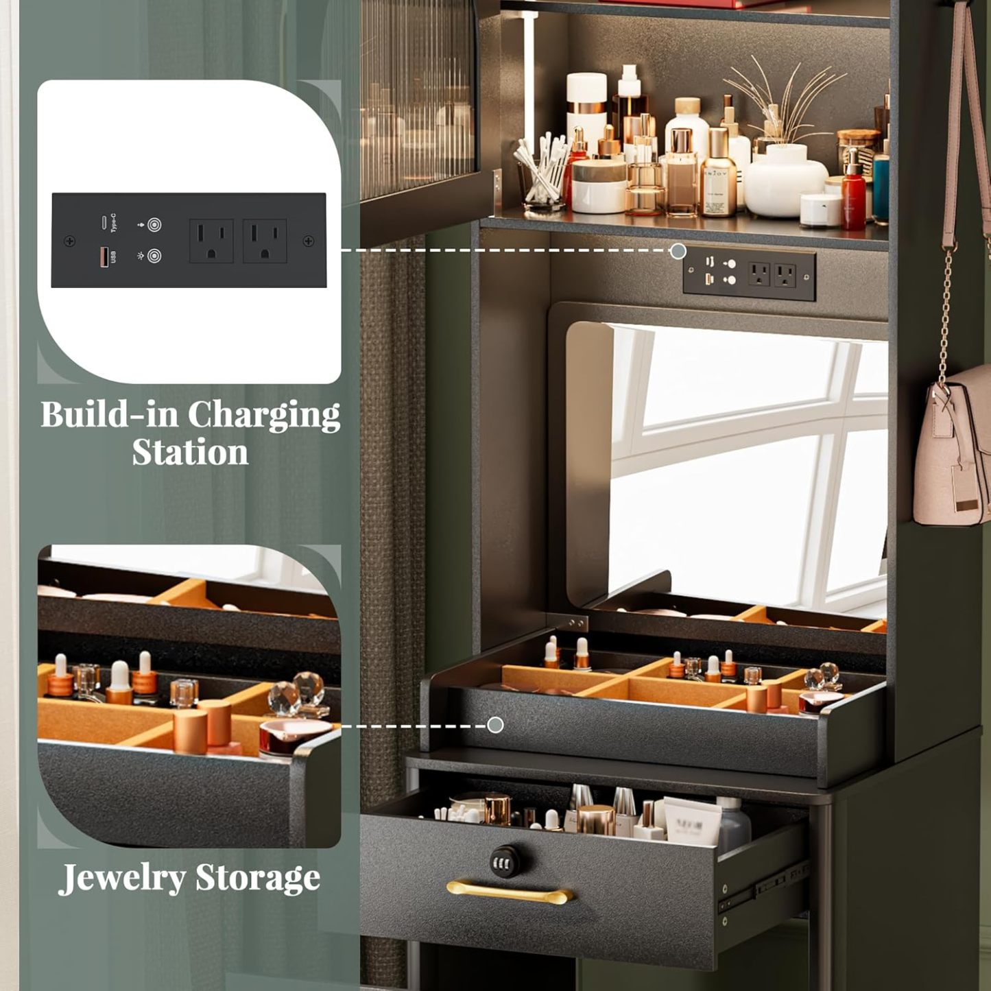 KAMABOKO 3 in 1 Vanity Desk with Mirror and LED Lights, Tall Makeup Vanity Set, Human Sensor Led Light, Charging Station & Chair, Strong Storage, Multi-Function, for Bedroom (Black)