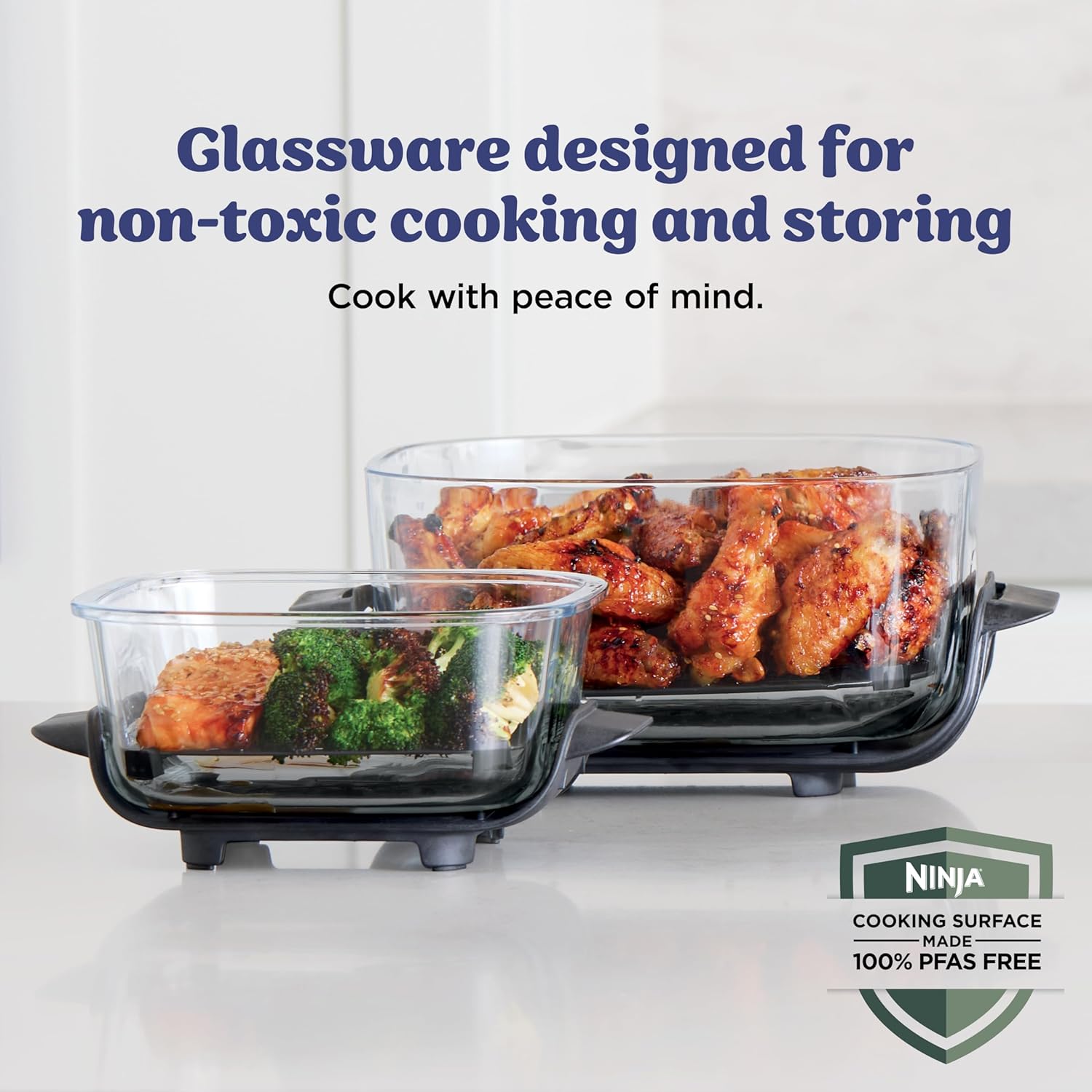 nthtinja Crispi 4-in-1 Portable Glass Air Fryer Cooking System, 1500W, 4QT & 6-Cup TempWare Glass Containers with Storage Lids, Microwave, Freezer & Dishwasher Safe, Cyberspace Gray, FN101GY