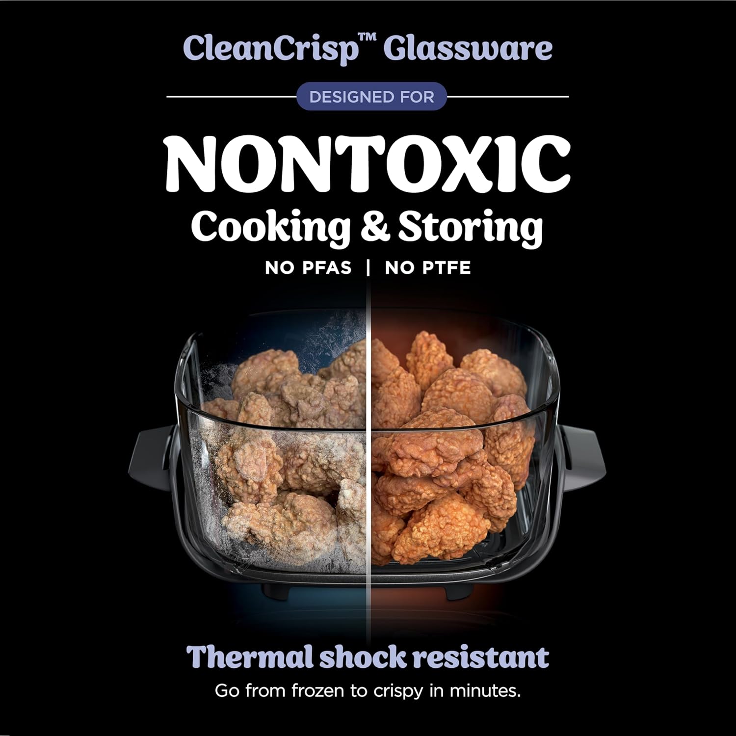 nthtinja Crispi 4-in-1 Portable Glass Air Fryer Cooking System, 1500W, 4QT & 6-Cup TempWare Glass Containers with Storage Lids, Microwave, Freezer & Dishwasher Safe, Cyberspace Gray, FN101GY