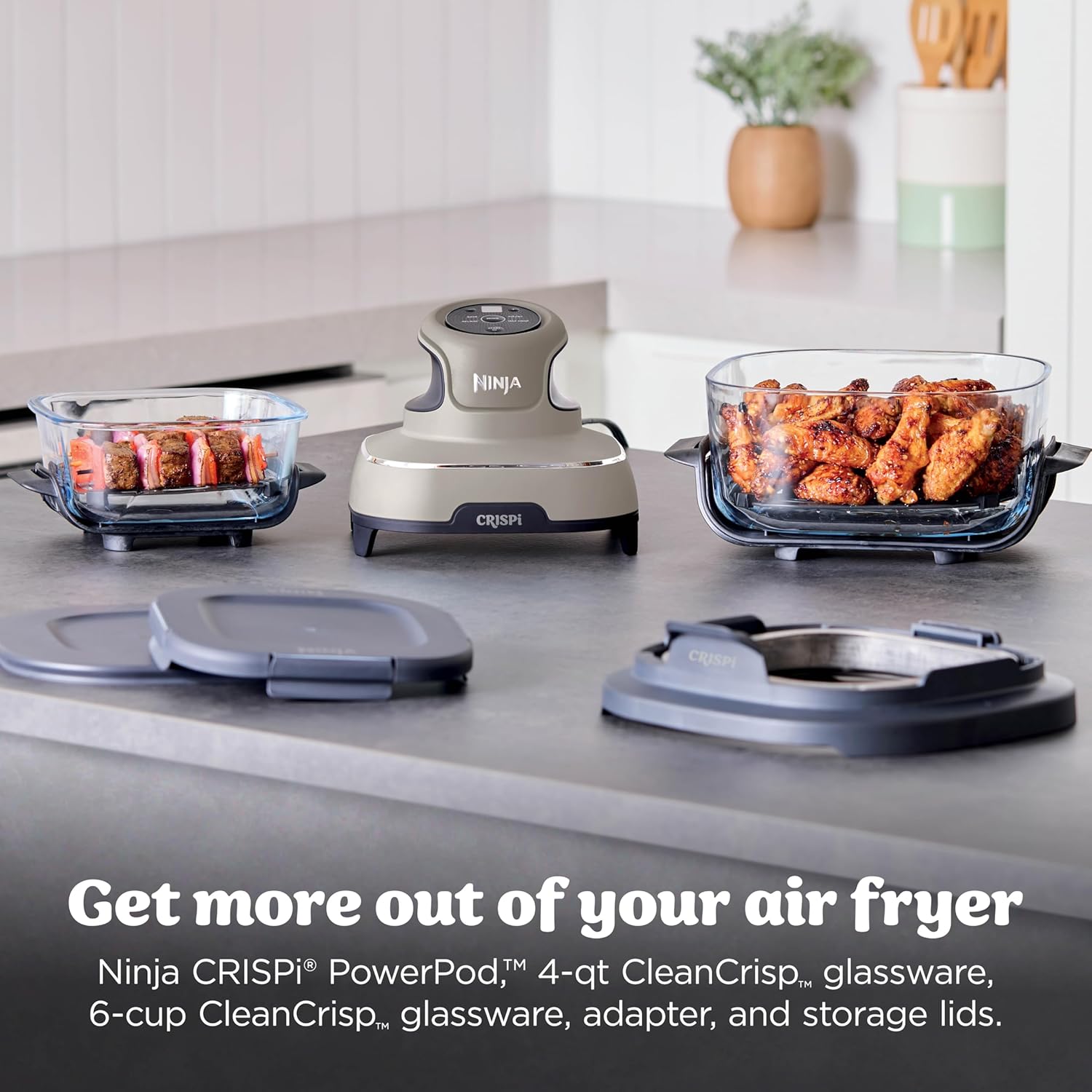 nthtinja Crispi 4-in-1 Portable Glass Air Fryer Cooking System, 1500W, 4QT & 6-Cup TempWare Glass Containers with Storage Lids, Microwave, Freezer & Dishwasher Safe, Cyberspace Gray, FN101GY