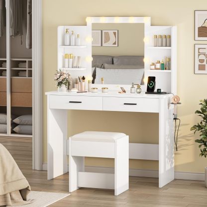 KAMABOKO 3 in 1 Vanity Desk with Mirror and LED Lights, Tall Makeup Vanity Set, Human Sensor Led Light, Charging Station & Chair, Strong Storage, Multi-Function, for Bedroom (Black)