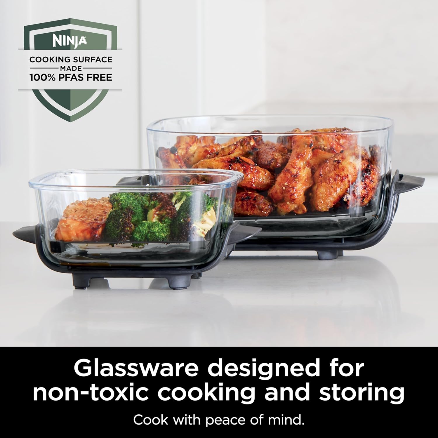 nthtinja Crispi 4-in-1 Portable Glass Air Fryer Cooking System, 1500W, 4QT & 6-Cup TempWare Glass Containers with Storage Lids, Microwave, Freezer & Dishwasher Safe, Cyberspace Gray, FN101GY