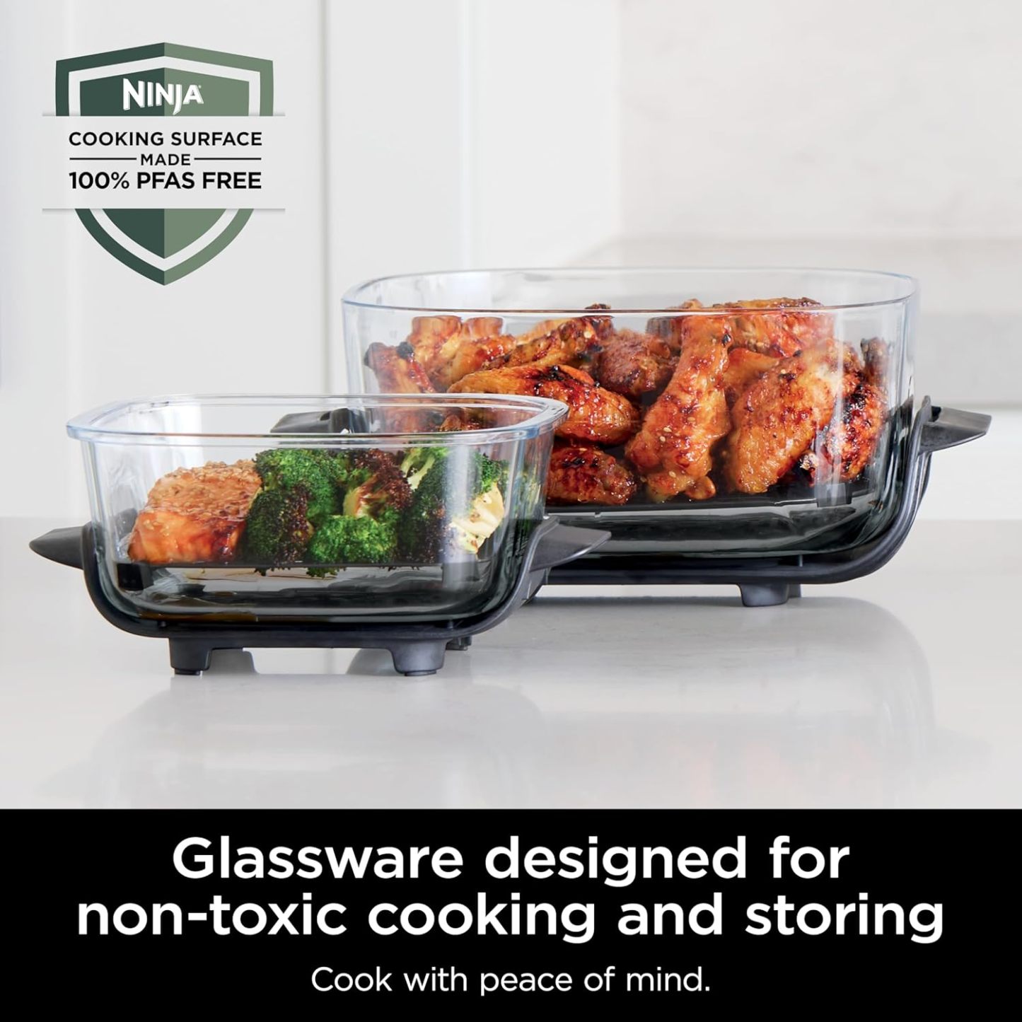 nthtinja Crispi 4-in-1 Portable Glass Air Fryer Cooking System, 1500W, 4QT & 6-Cup TempWare Glass Containers with Storage Lids, Microwave, Freezer & Dishwasher Safe, Cyberspace Gray, FN101GY