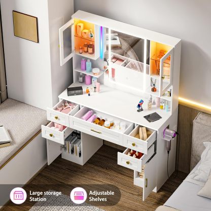 KAMABOKO 3 in 1 Vanity Desk with Mirror and LED Lights, Tall Makeup Vanity Set, Human Sensor Led Light, Charging Station & Chair, Strong Storage, Multi-Function, for Bedroom (Black)