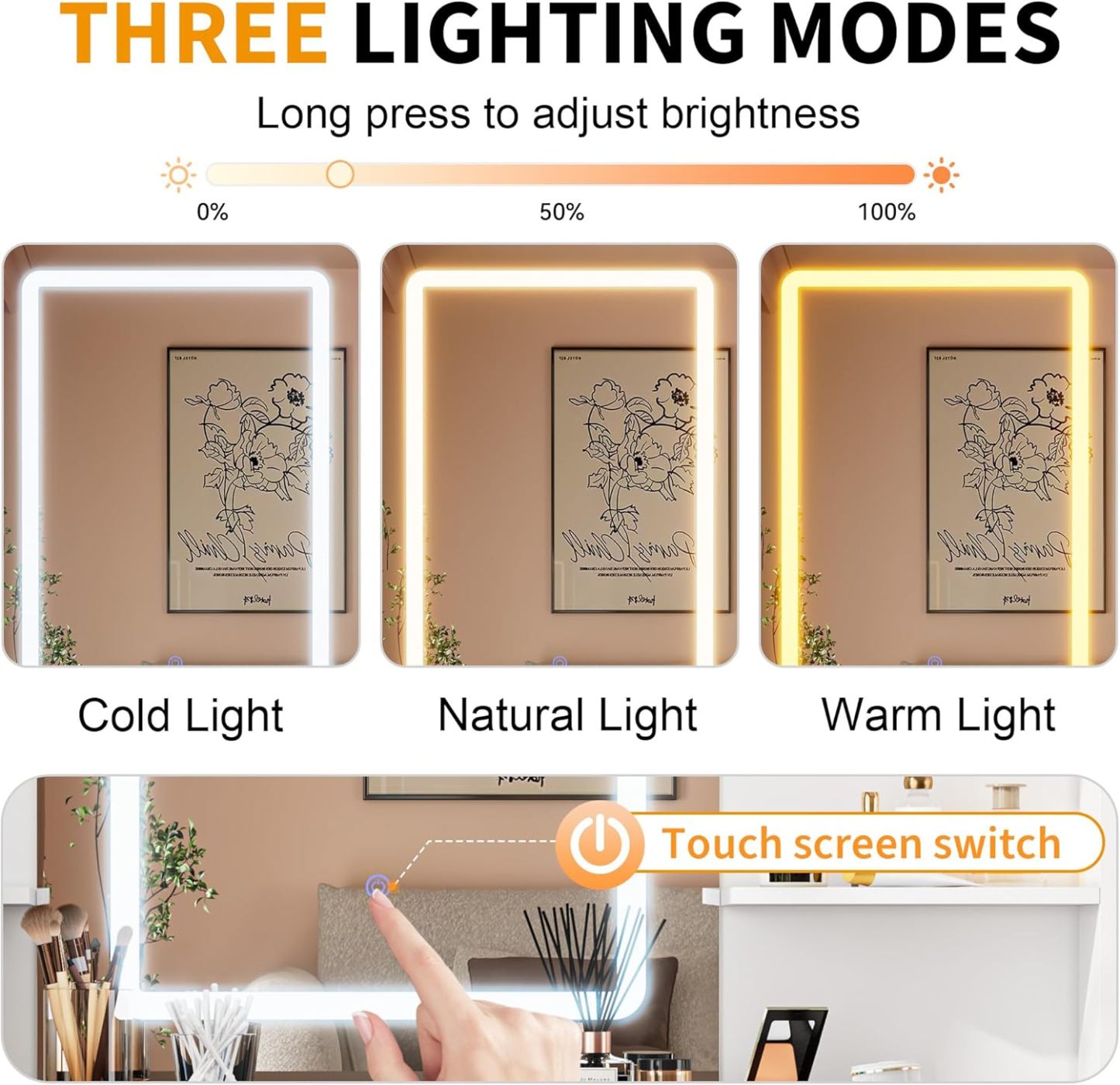 KAMABOKO 3 in 1 Vanity Desk with Mirror and LED Lights, Tall Makeup Vanity Set, Human Sensor Led Light, Charging Station & Chair, Strong Storage, Multi-Function, for Bedroom (Black)